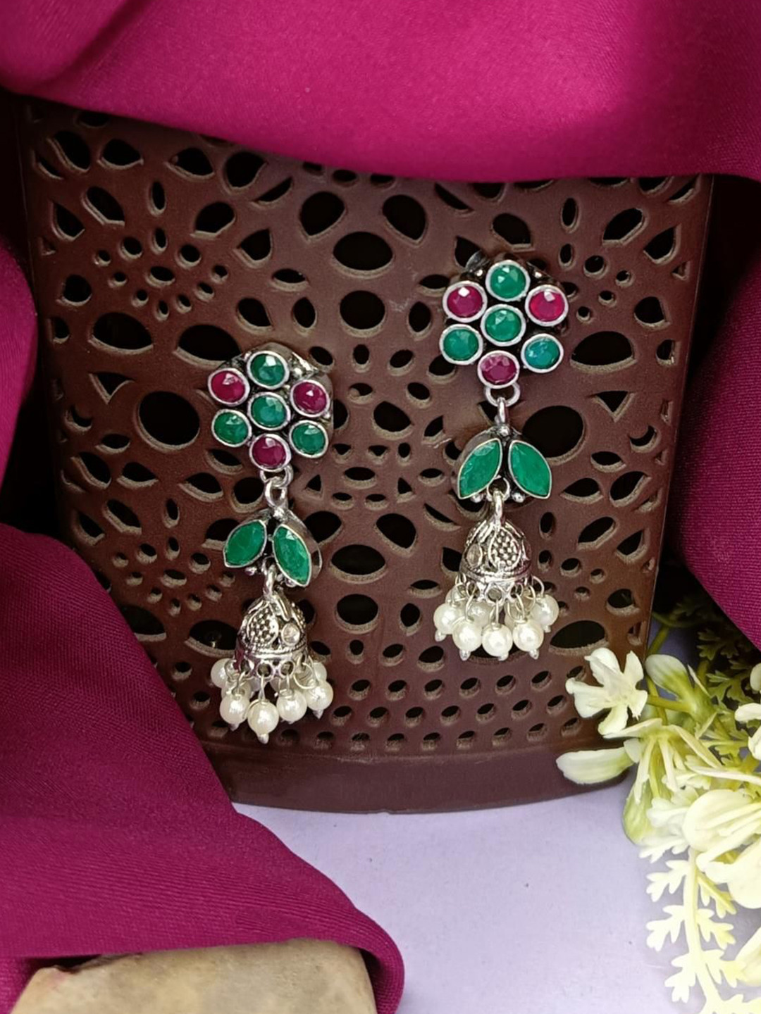 Efulgenz Silver-Plated Floral Shaped Classic Crystal & Beaded Oxidised Drop Earrings