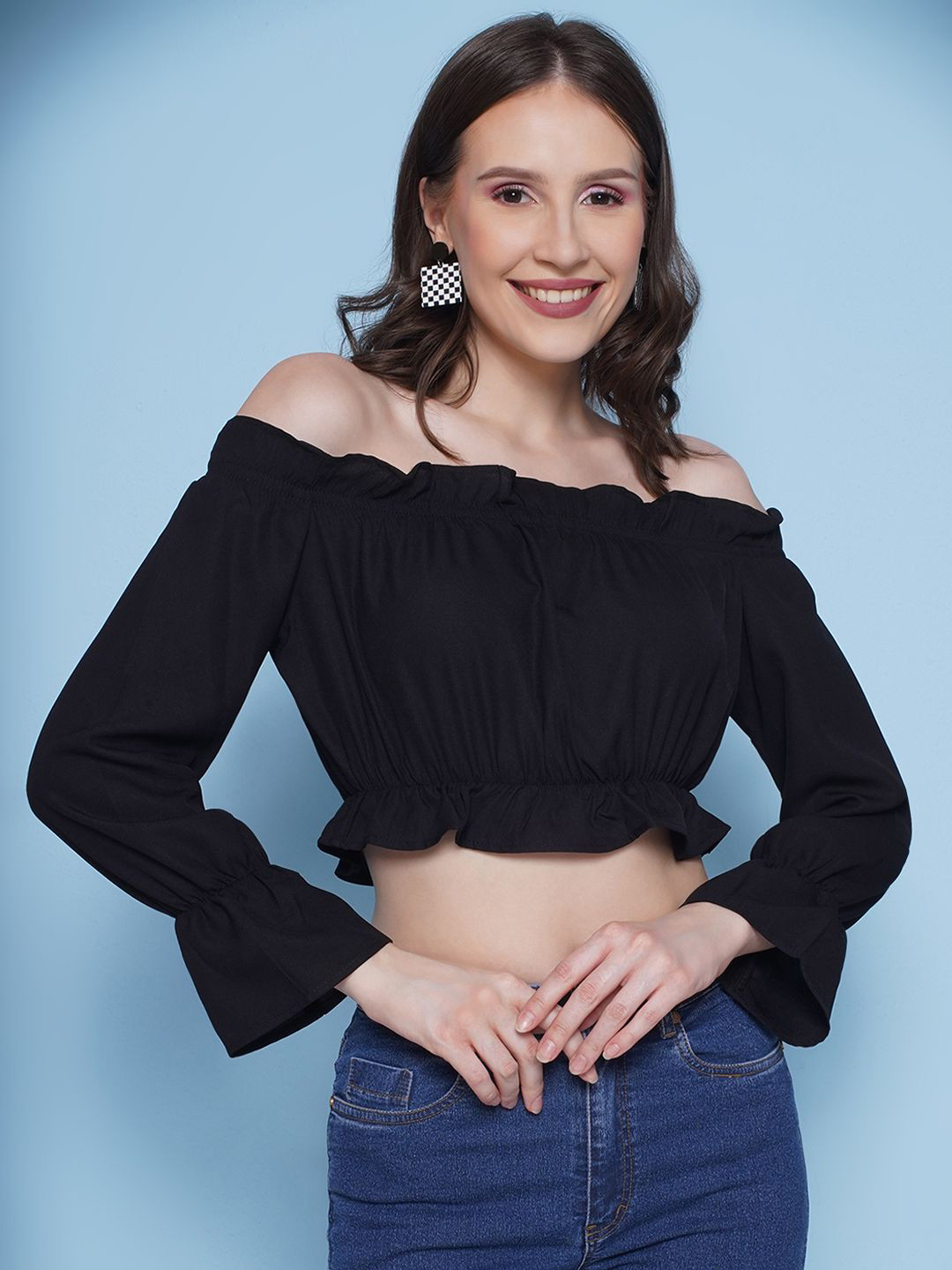 PUELLA Women Off-Shoulder Cuffed Sleeves Cotton Casual Crop Top