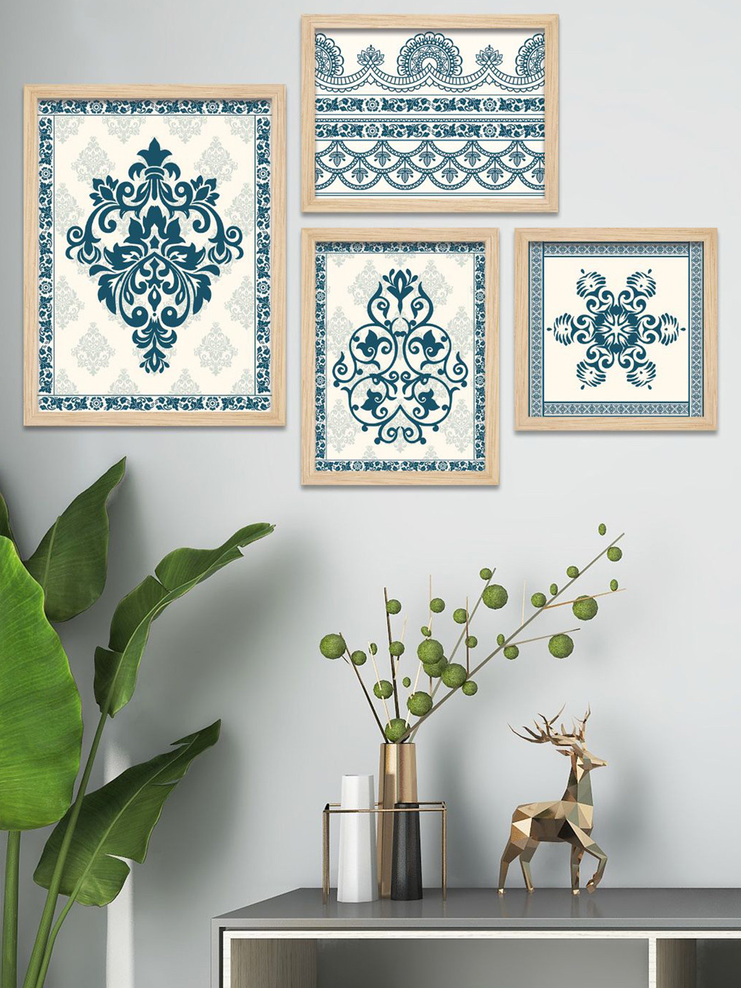 ArtVibes Traditional Artistic Pattern Art Wood 4 Piece Wall Rectangle Paintings Wall Art