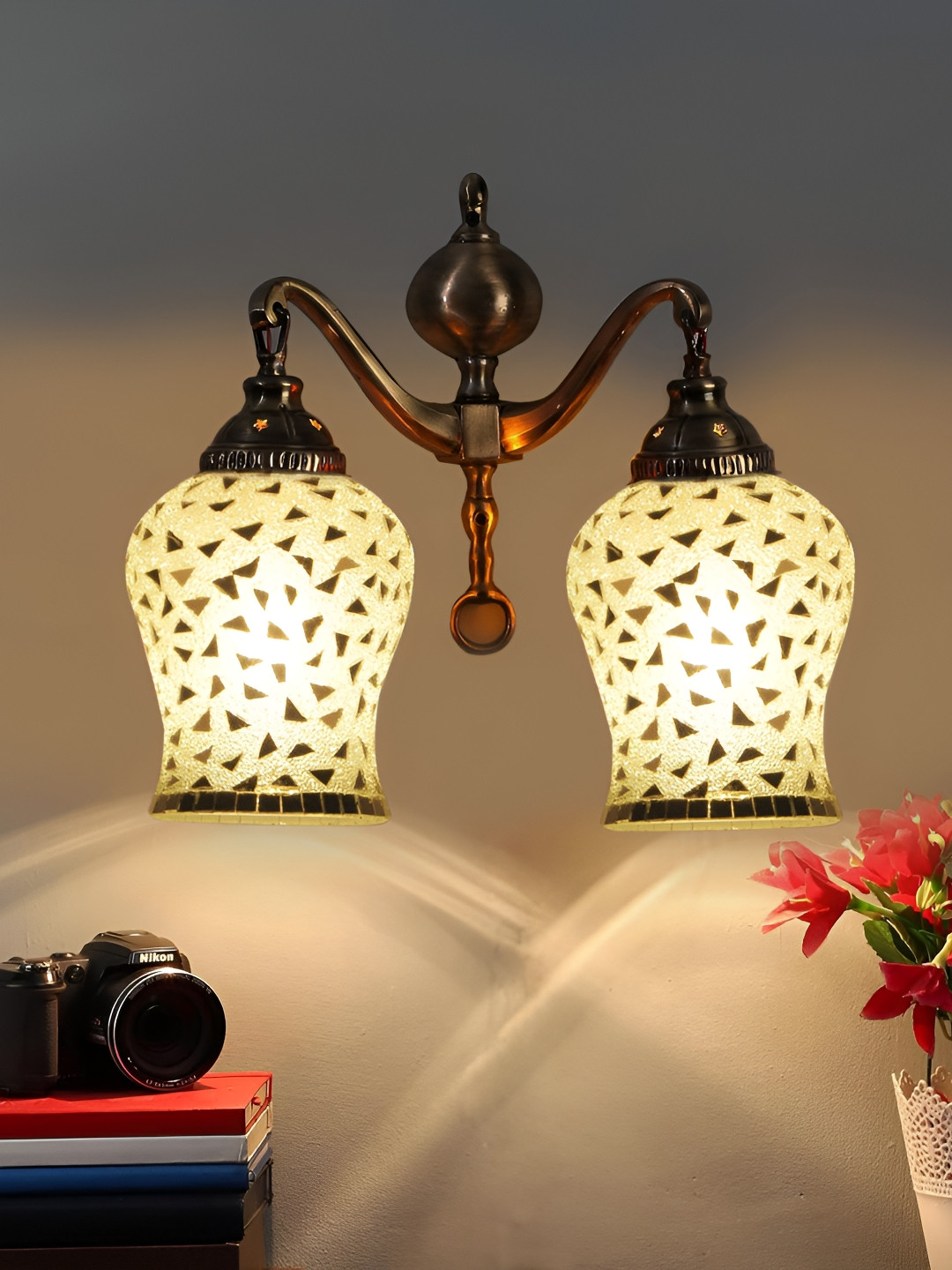 Devansh White & Gold-Toned Geometric Printed Metal Contemporary Bell Shaped Wall Lamp