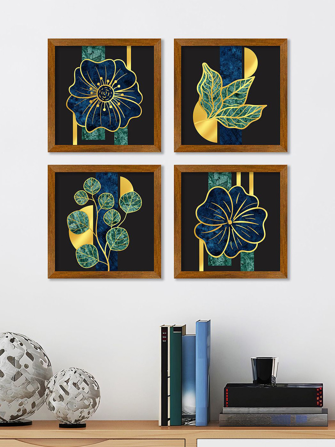 ArtVibes Leaf Wood 4 Piece Wall Square Paintings Wall Art -9 x 9 In