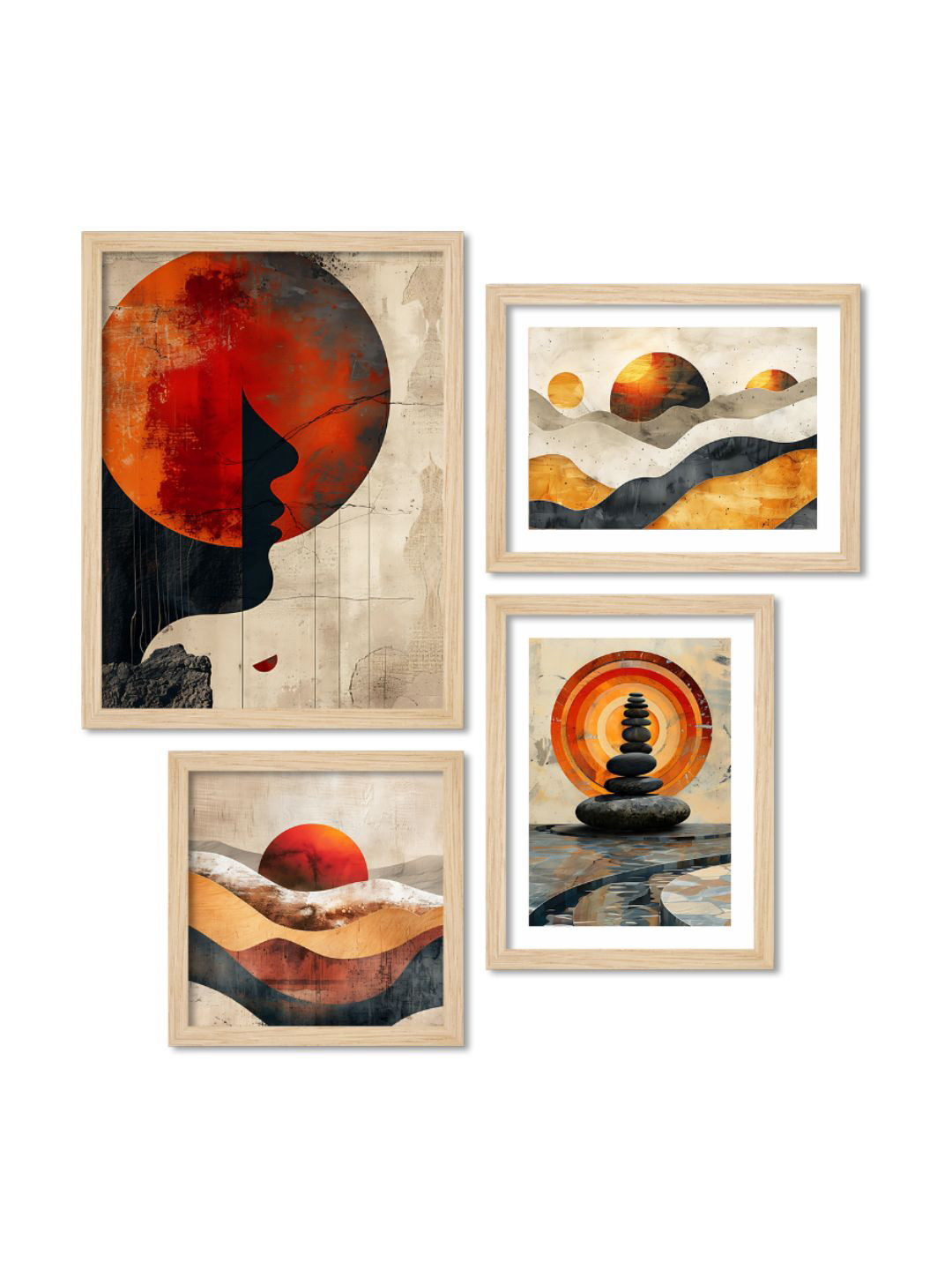 ArtVibes Beige & Orange 4 Pieces Mountains View Wooden Paintings Wall Art