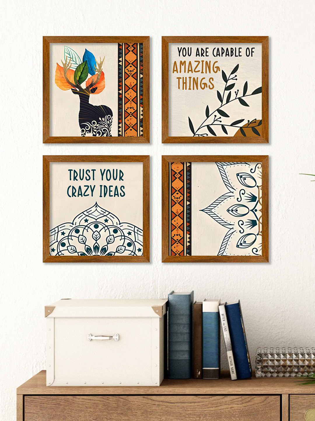 ArtVibes Cream-Coloured & Brown 4 Pieces Motivational Quote Wooden Painting Wall Arts