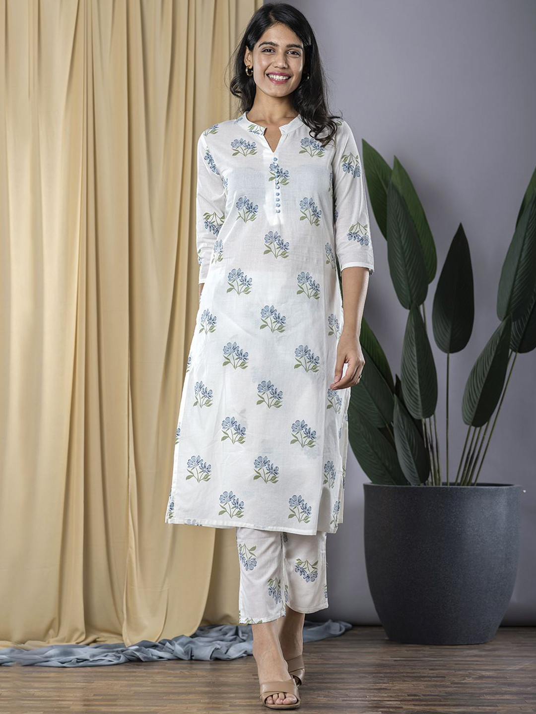 KALINI Floral Printed Mandarin Collar Pure Cotton Straight Kurta With Trousers