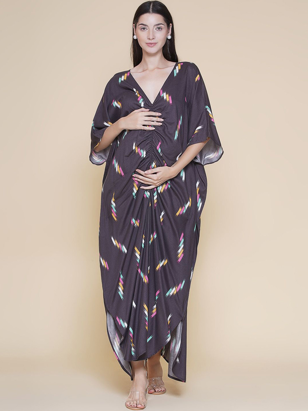 Mine4Nine Women Printed V-Neck Maternity Maxi Dress