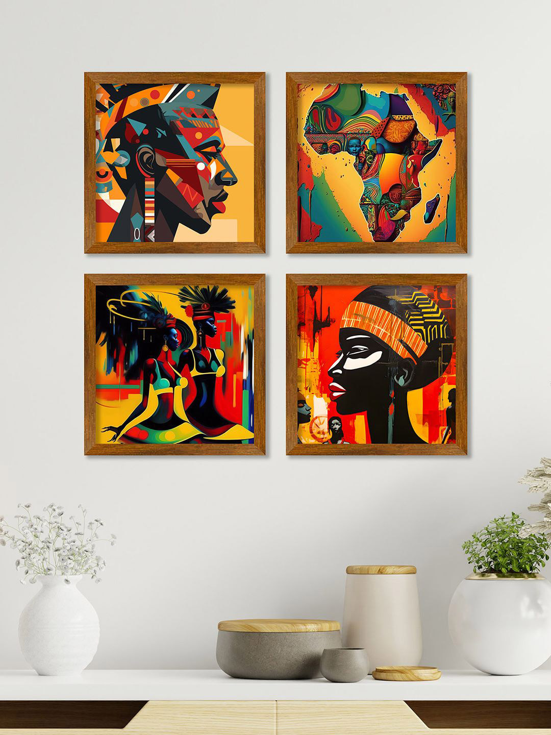 ArtVibes African Women Wood 4 Piece Wall Square Paintings Wall Art - 9 x 9In