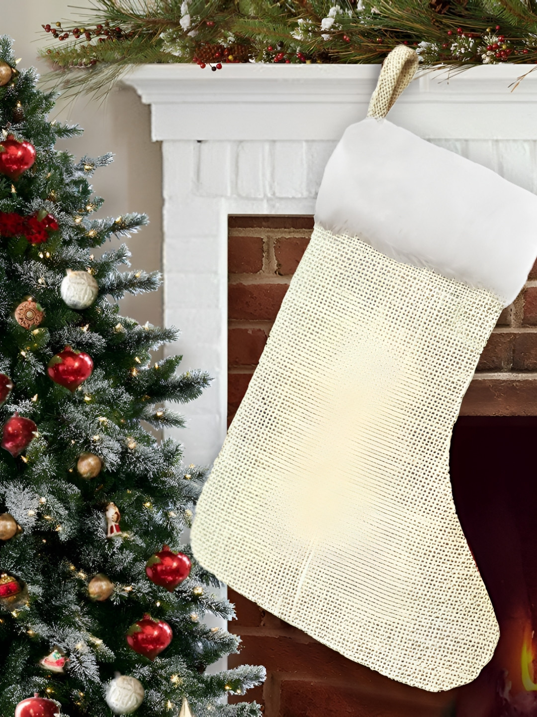 Home Heart Santa Stocking Off White Textured Christmas Decor