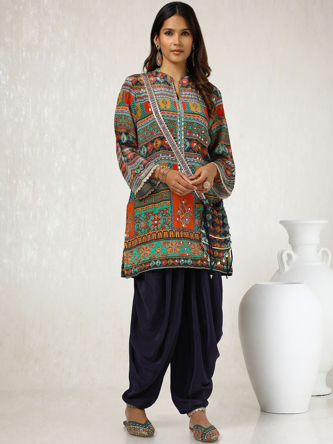 Soch Green Ethnic Motifs Printed Mirror Work Fusion Kurta With Dhoti Pants & Potli Bag