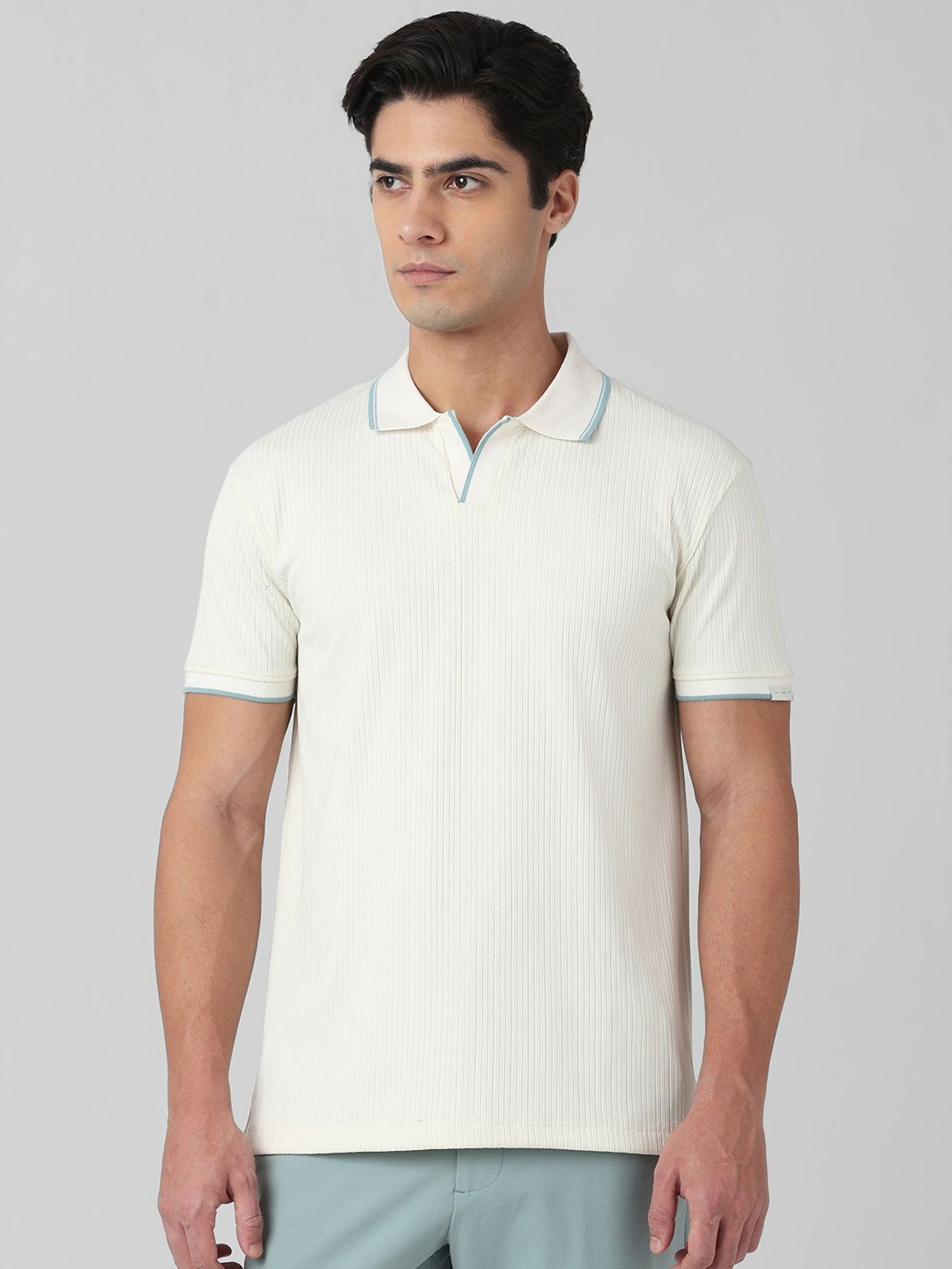Mufti Men Polo Collar Slim Fit Self-Striped T-shirt