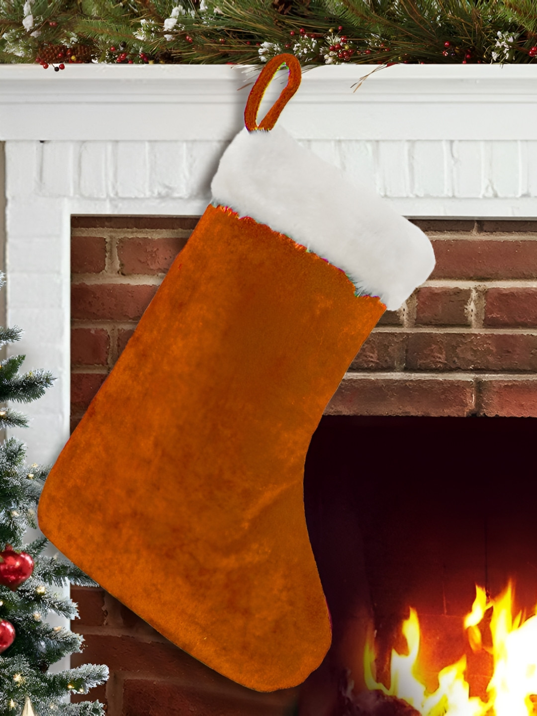 Home Heart Orange-Color & White Velvet Christmas Stocking With Fur Cuff