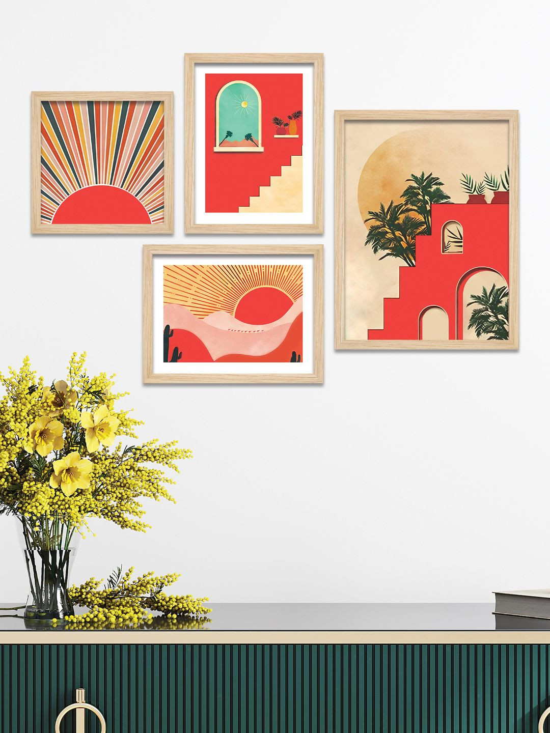 ArtVibes Red 4 Pieces Sunrise Printed Wooden Wall Arts