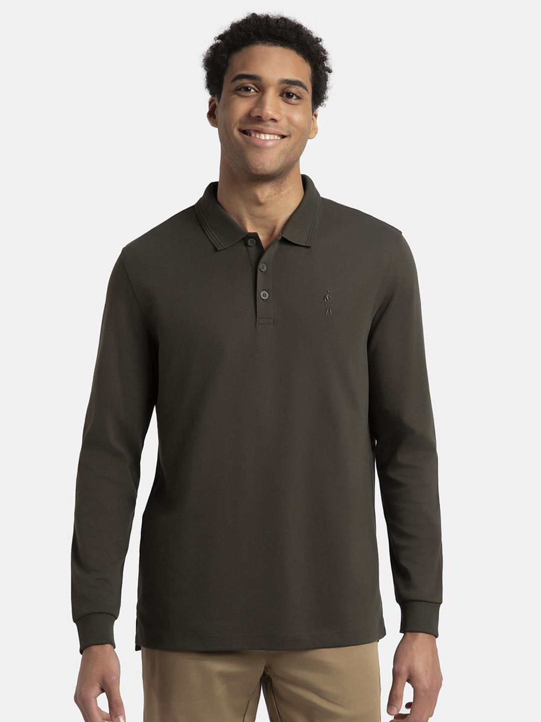 Jockey Men Super Combed Cotton Rich Solid Full Sleeve Polo Tshirt with Ribbed Cuffs - 3914