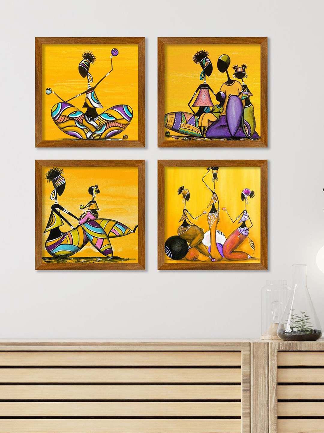 ArtVibes Abstract Warli Wood 4 Piece Wall Square Paintings Wall Art - 9 x 9In