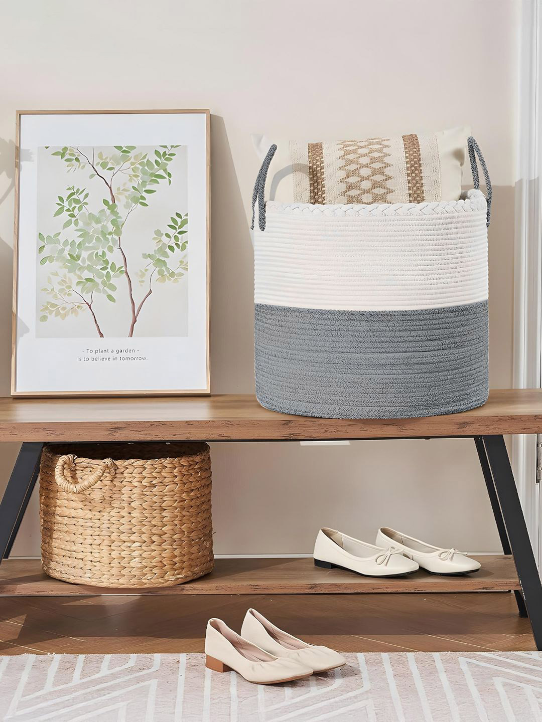 prettykrafts White & Grey Textured Jute Laundry Basket