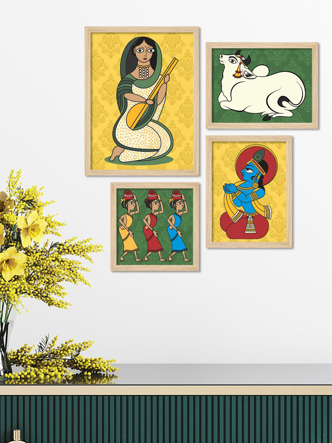 ArtVibes Yellow & Green 4 Pieces Lord Krishna Artistic Art Life Wooden Printed Wall Arts