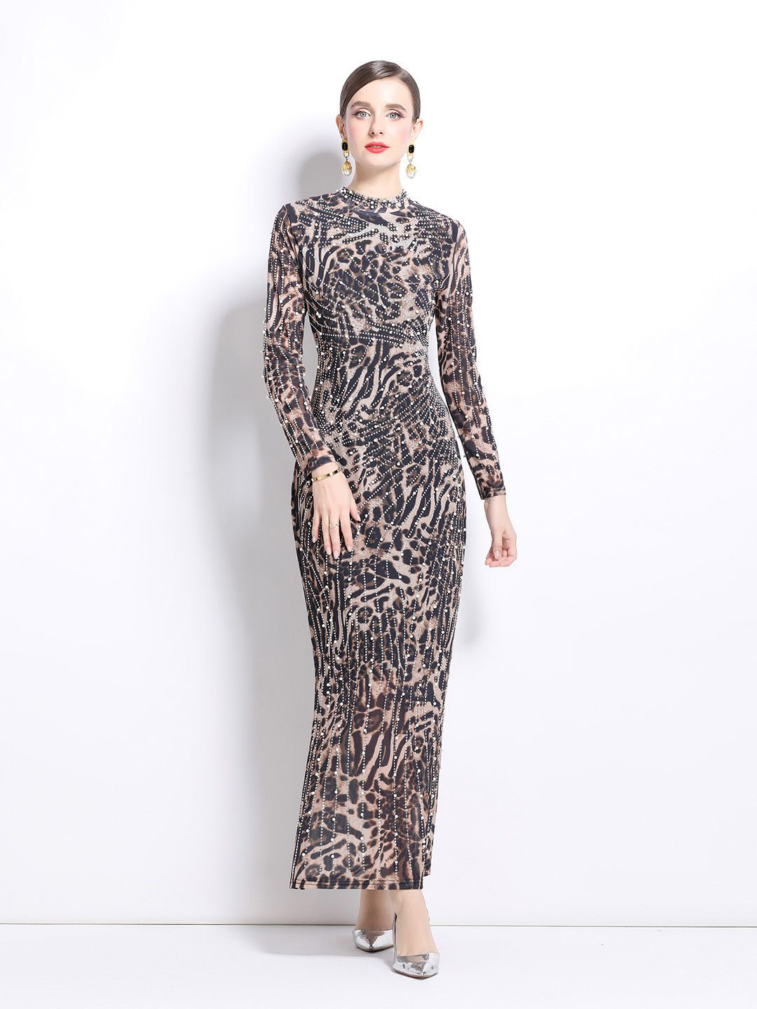 JC Collection Women Printed Mock Neck Long Sleeves Sheath Maxi Dress