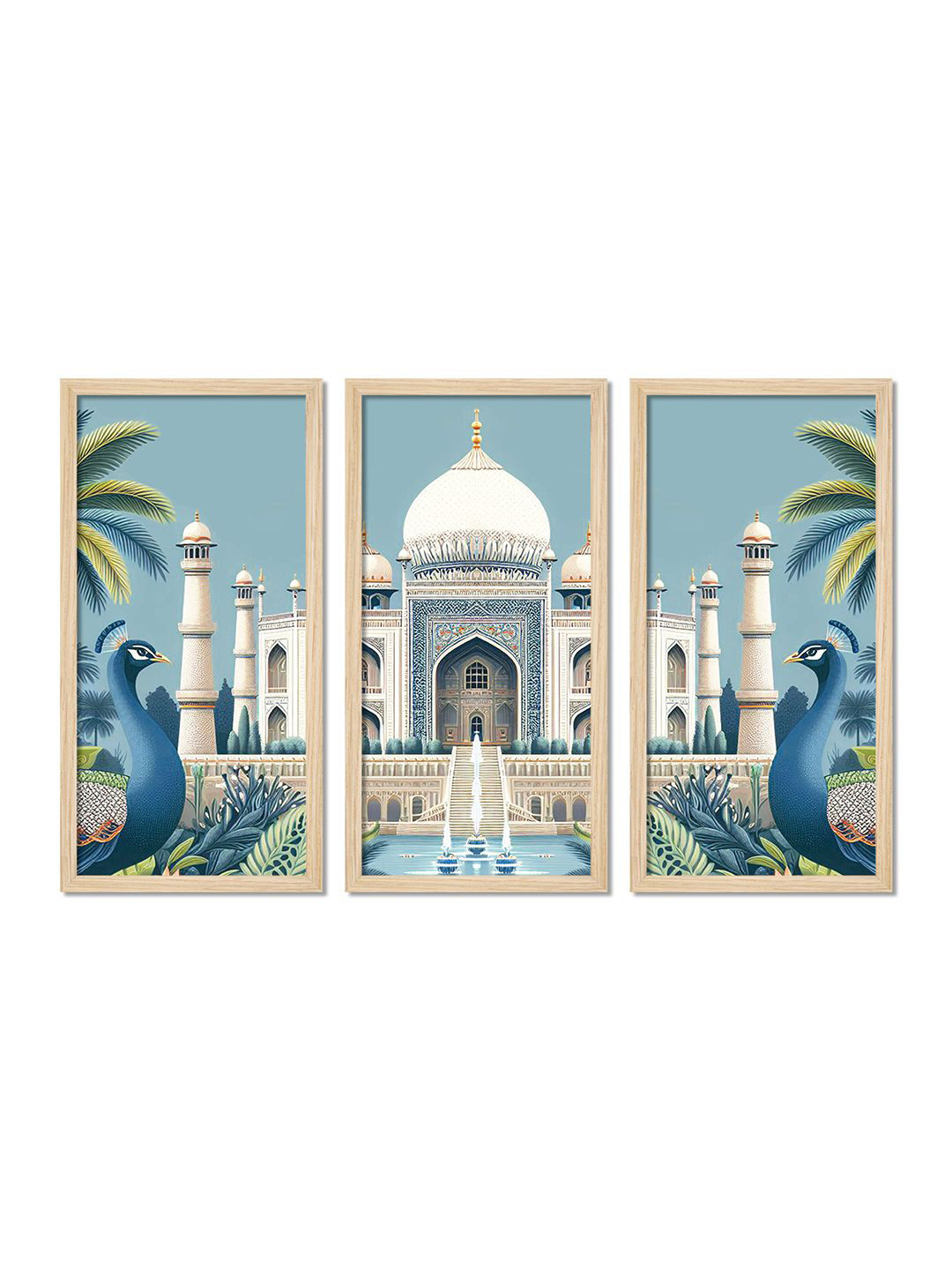 ArtVibes Blue & Green 3 Pieces aj Mahal Wooden Painting Wall Arts