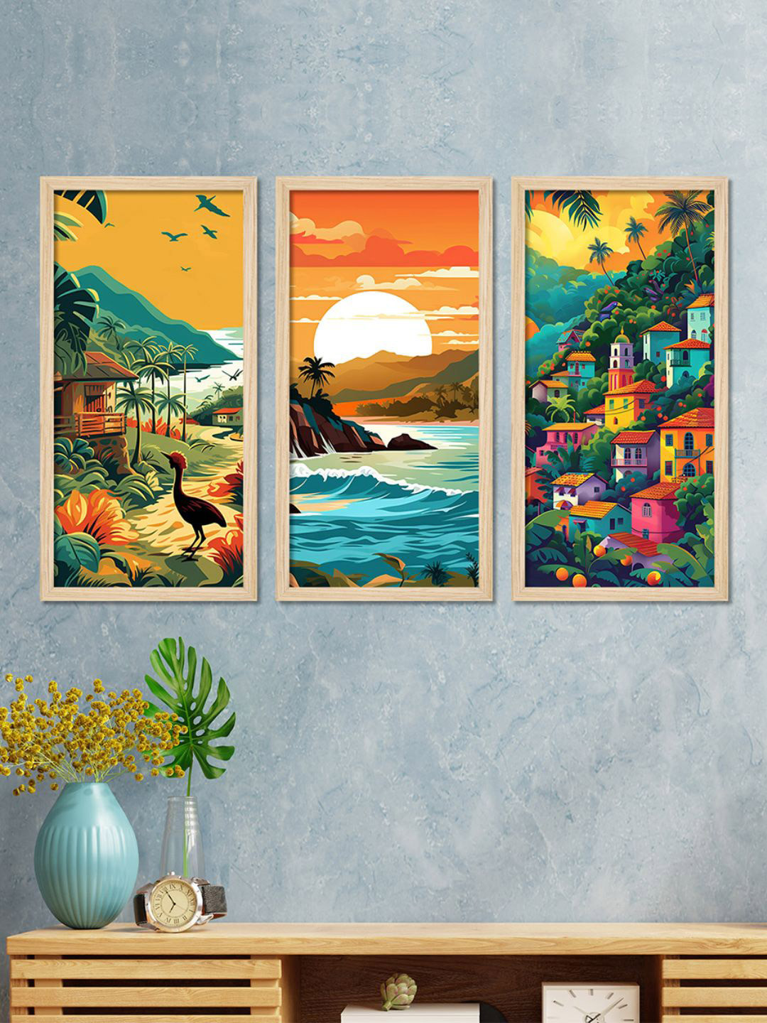 ArtVibes Sunset Green Wood 3 Pcs Wall Living Room Rectangle Paintings Wall Art -10 x 19In