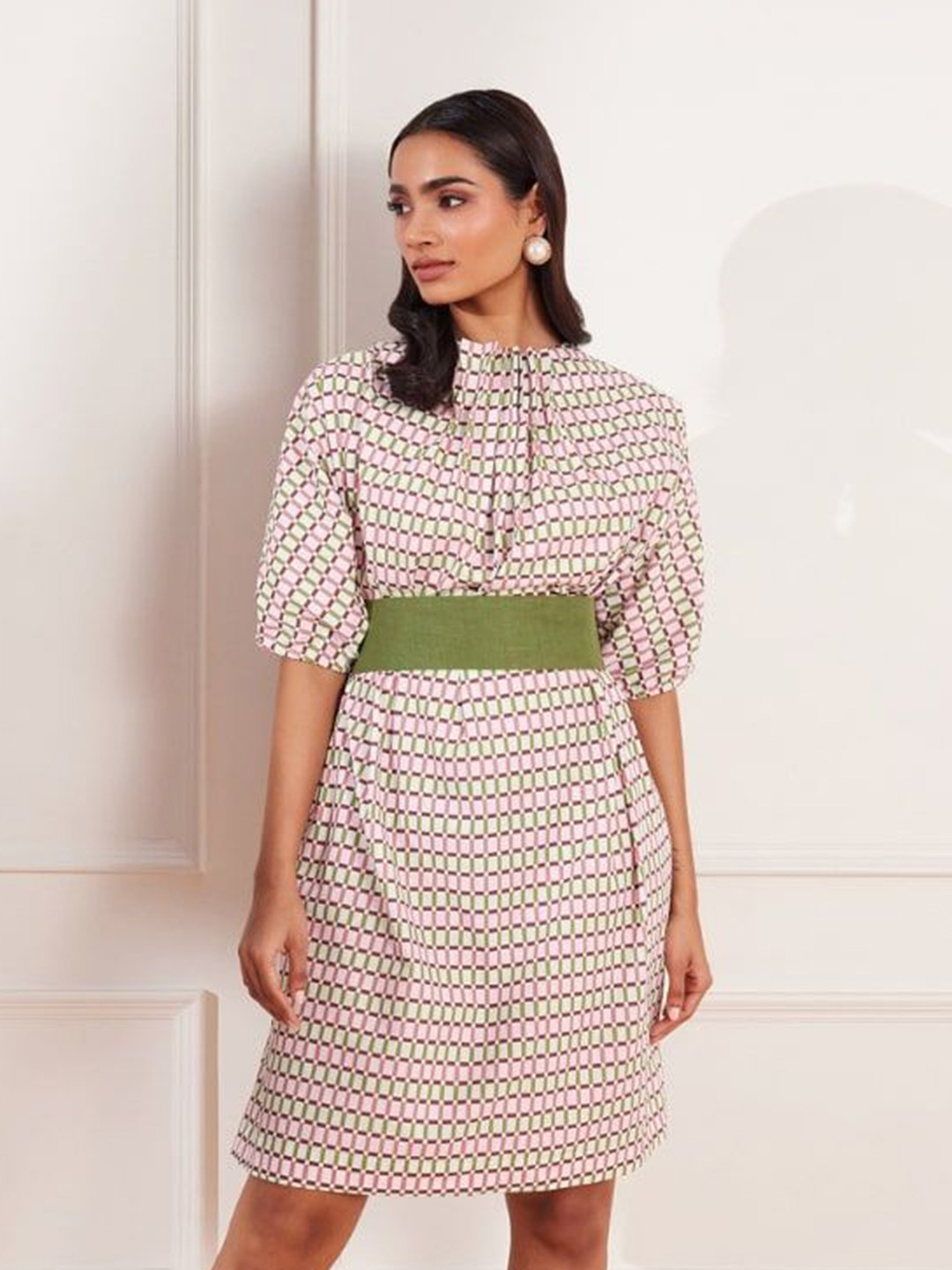 tara and i Women Checked Printed Puff Sleeves Fit and Flare Dress