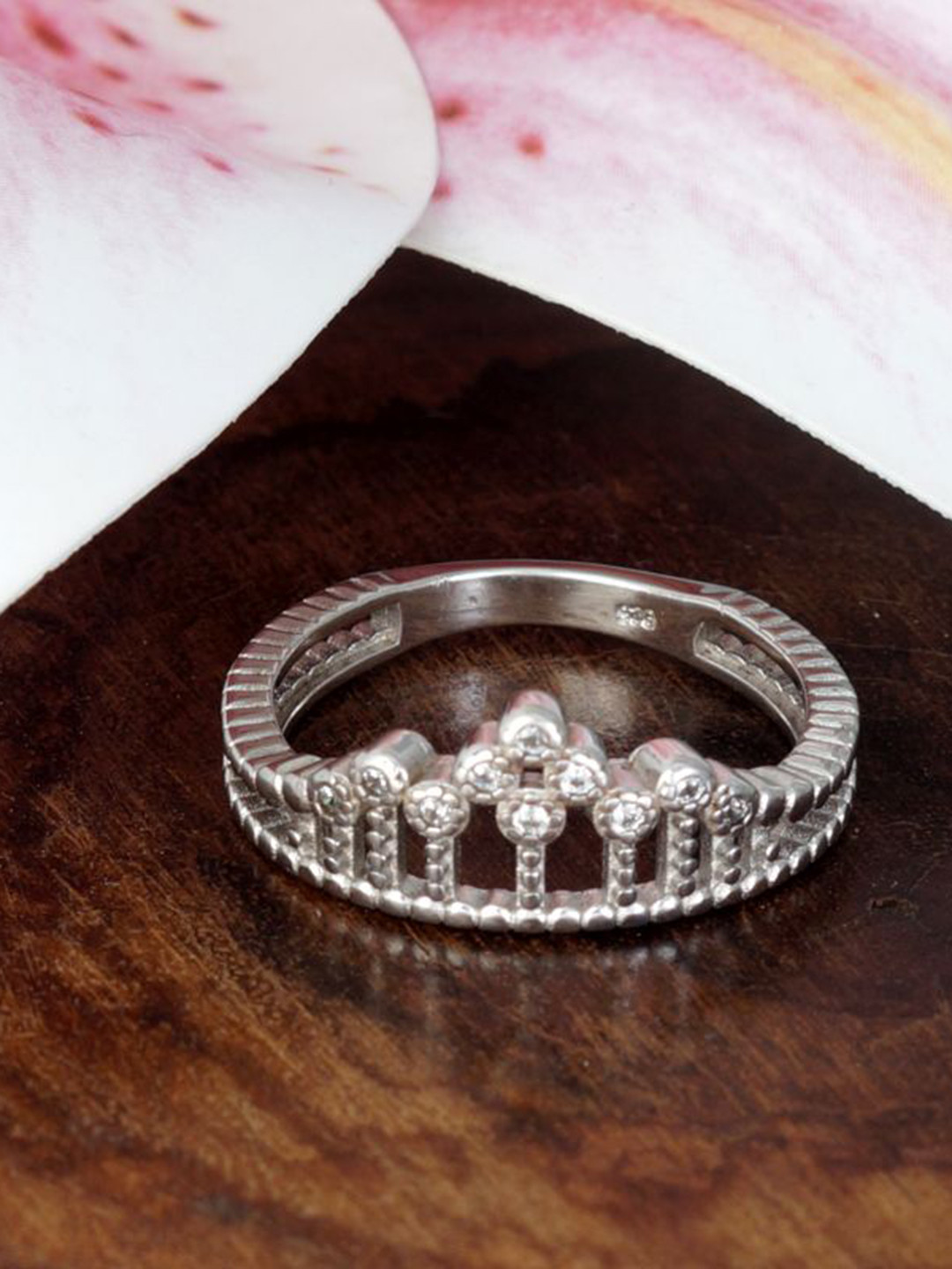 Tuanz Silver Jewelry Queens Crown 925 Sterling Silver Rhodium-Plated CZ Studded Ring