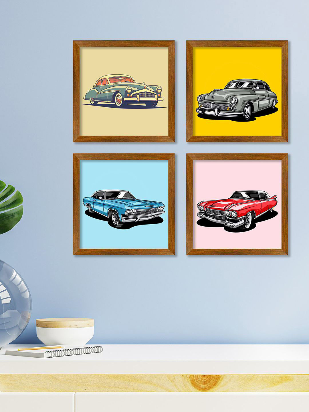 ArtVibes Yellow & Blue 4 Pieces Classic Car Art Gallery Wooden Paintings Wall Art