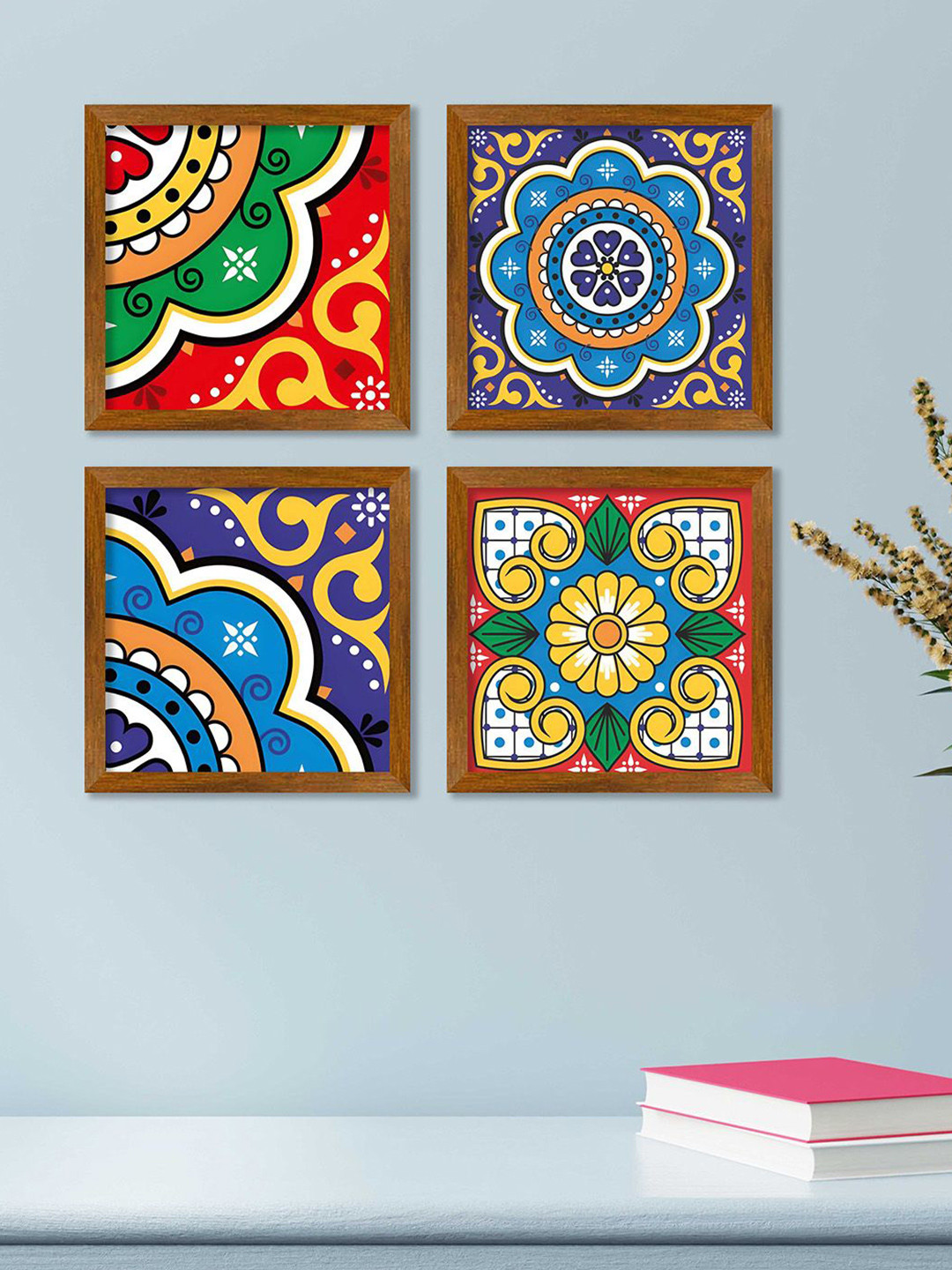 ArtVibes Mexican Wood 4 Piece Wall Square Paintings Wall Art - 9 x 9In