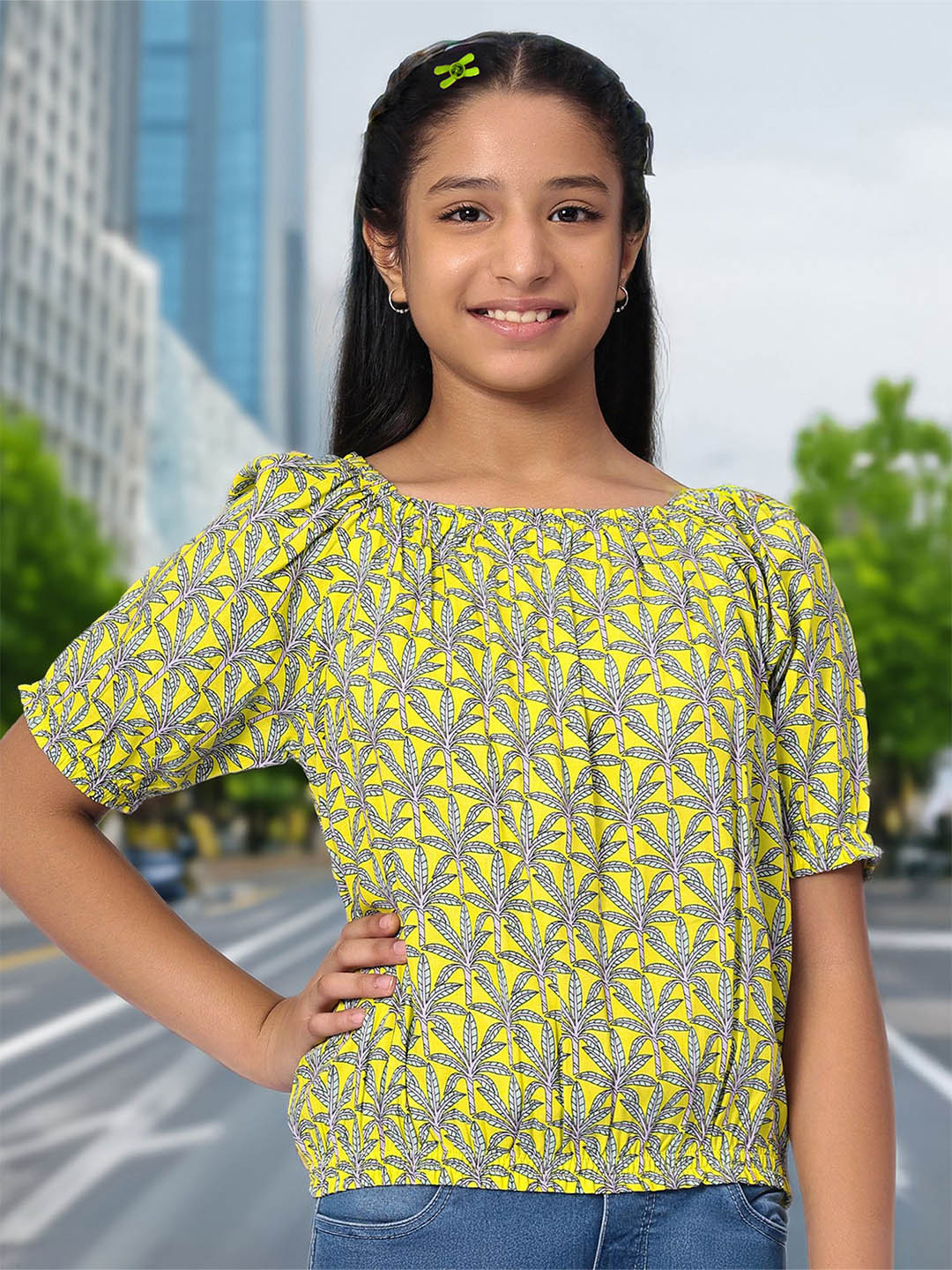 Merrigo Kidz Girls Printed Puff Sleeve Blouson Top