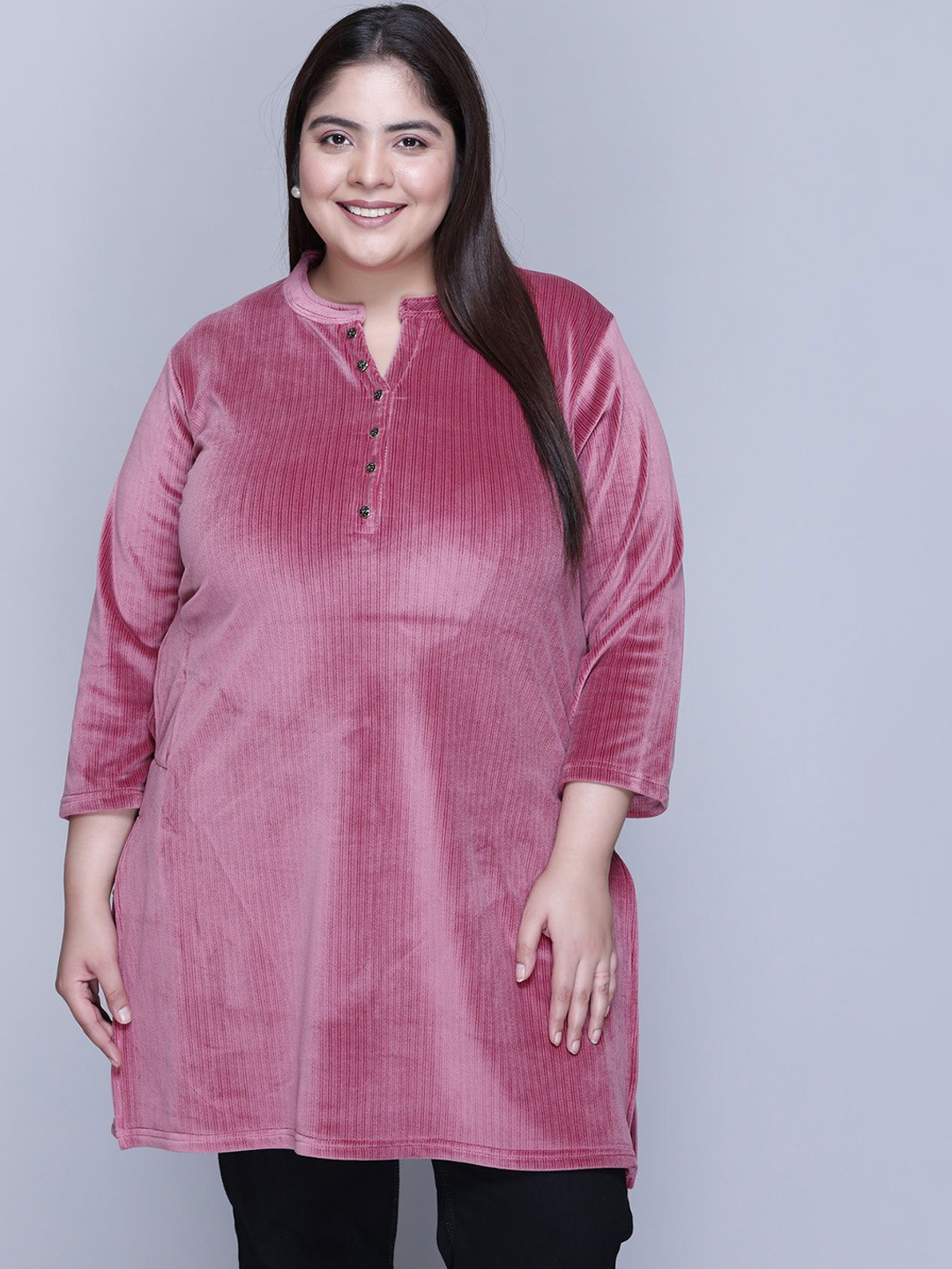 IN Love Plus Size Woven Design Mandarin Collar Straight Kurta