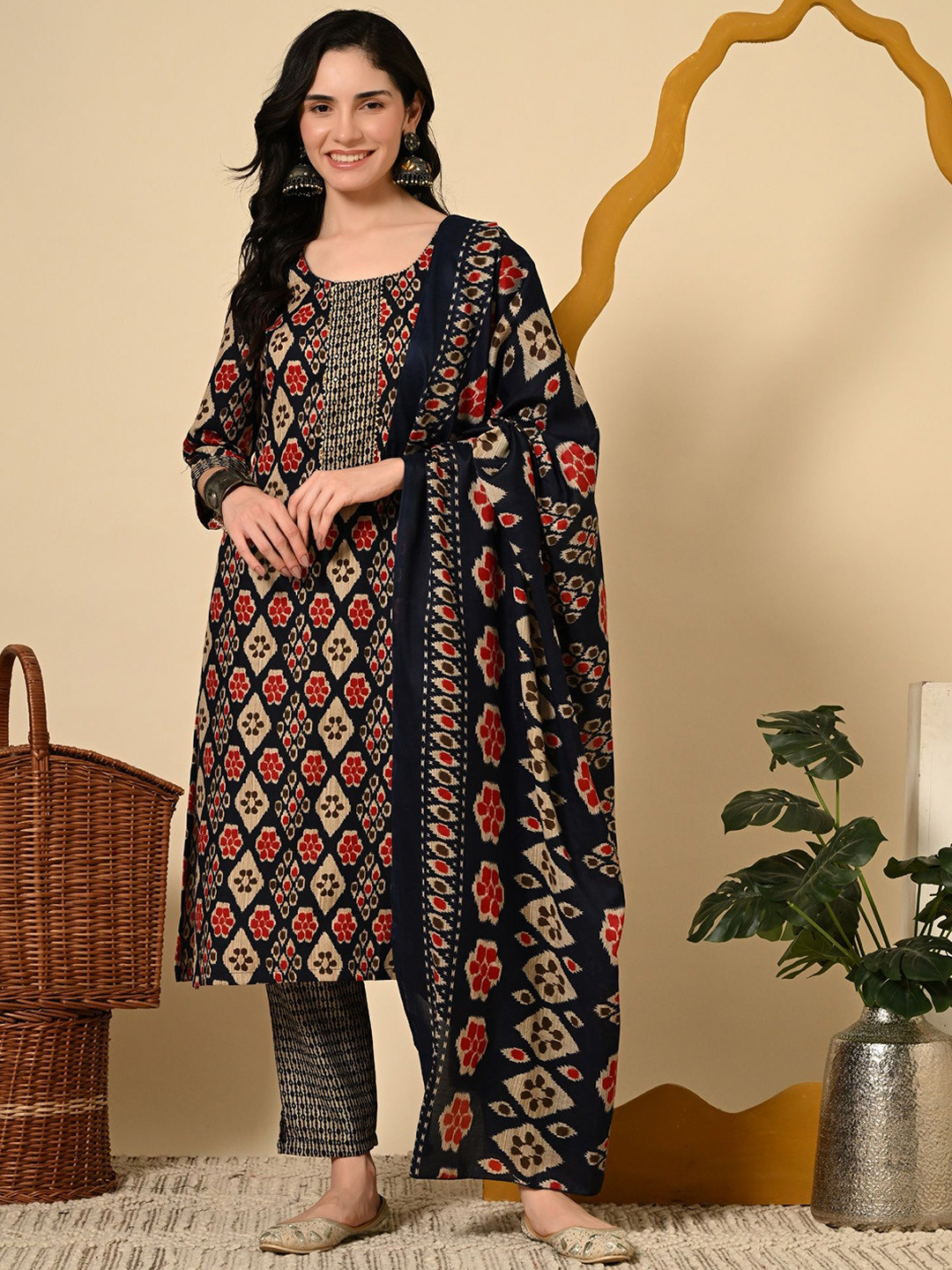 RAJPUTANA CAMISA Geometric Printed Mirror Work Kurta With Trousers & Dupatta