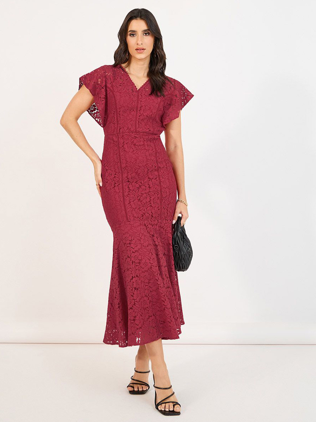 Styli Women Self Design V-Neck Sheath Maxi Length Lace Dress with Belt