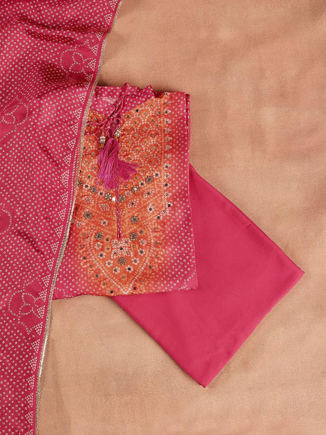 Libas Pink Bandhani Printed Beads & Stones Unstitched Dress Material