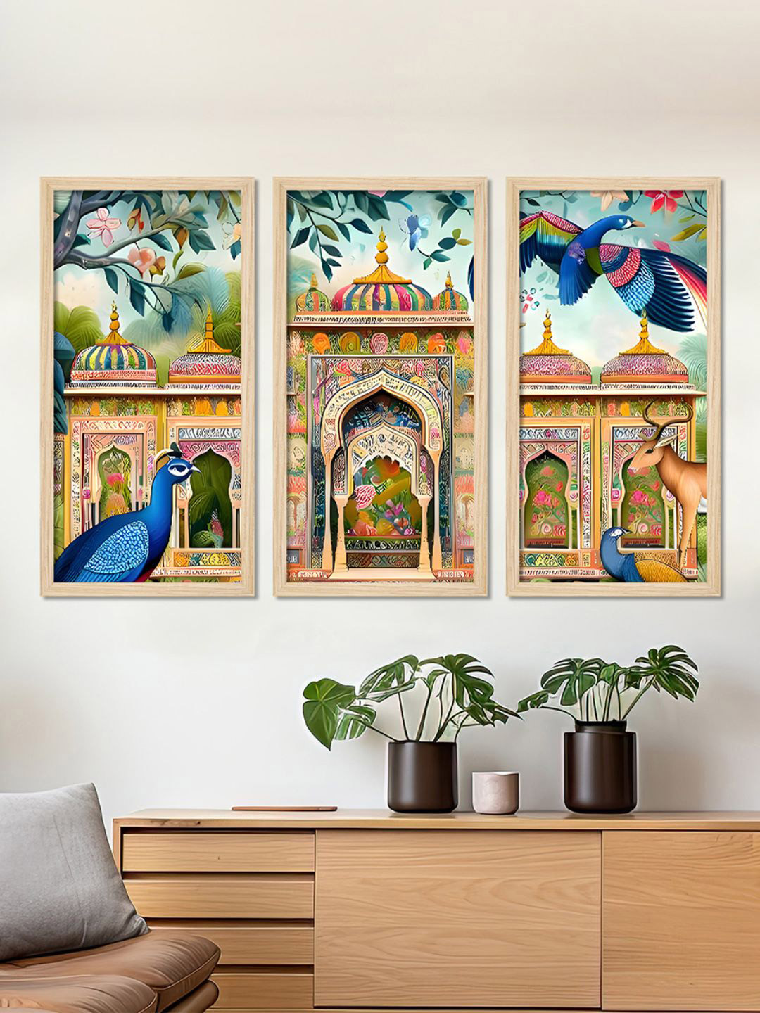 ArtVibes Blue & Yellow 3 Pieces Artvibes Jardin Traditional Mughal Painting Wall Art