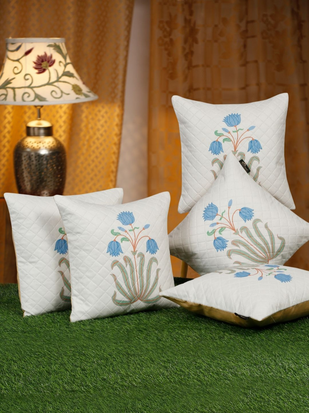 SOKNACK Blue Floral Velvet Quilted 5 Textured Square Cushion Covers -16x16In