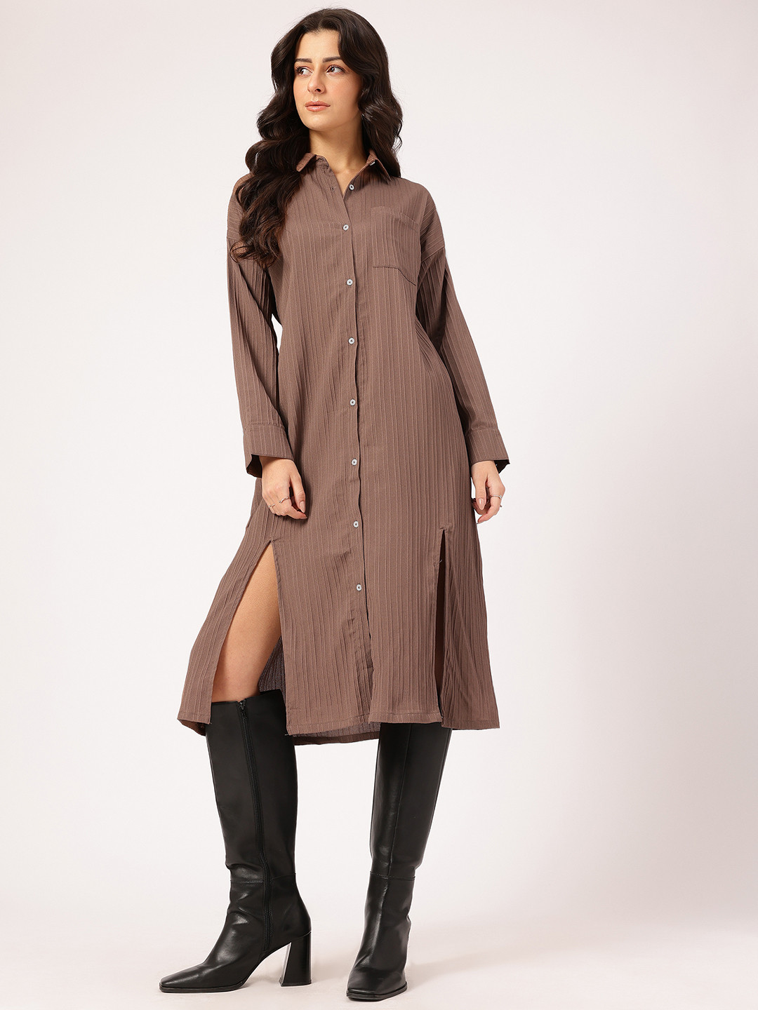 DressBerry Slit Textured Midi Shirt Dress