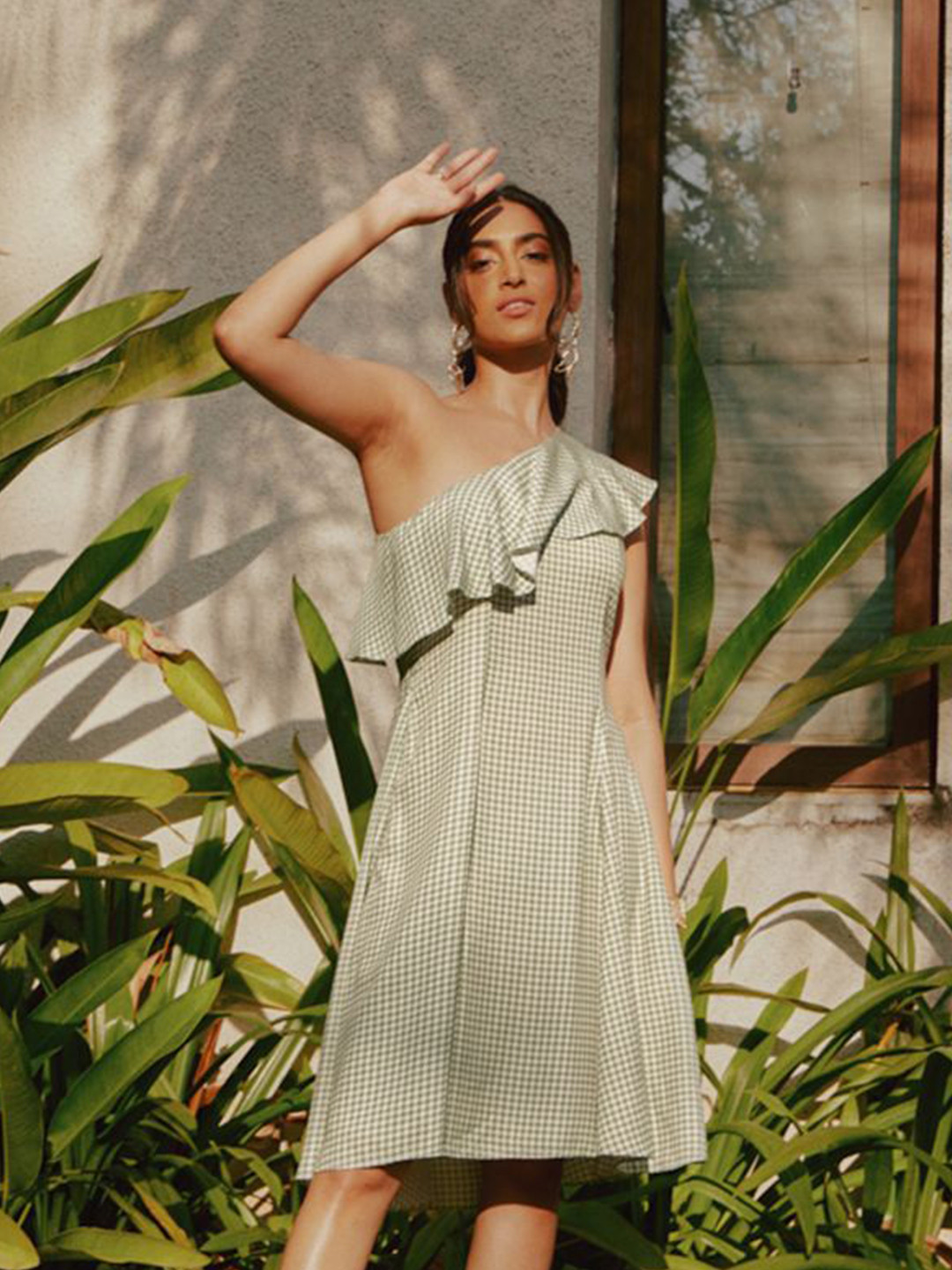 tara and i Women Checked One Shoulder A-Line Dress