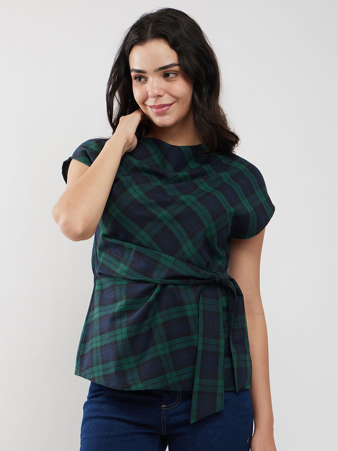 FableStreet Checked Cowl Neck Extended Sleeves Cotton Green Top