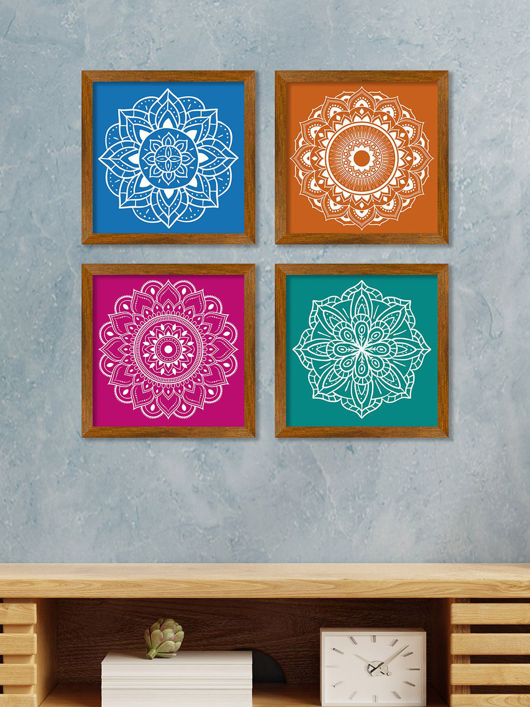 ArtVibes Mandala Art Wood 4 Piece Wall Square Paintings Wall Art -9 x 9 In