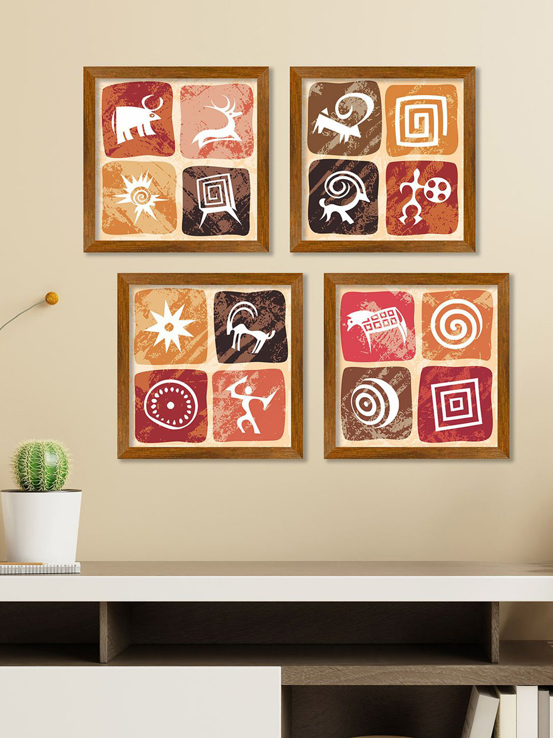 ArtVibes Orange & White 4 Pieces Stylized Petroglyphs Checkered Wooden Painting Wall Arts