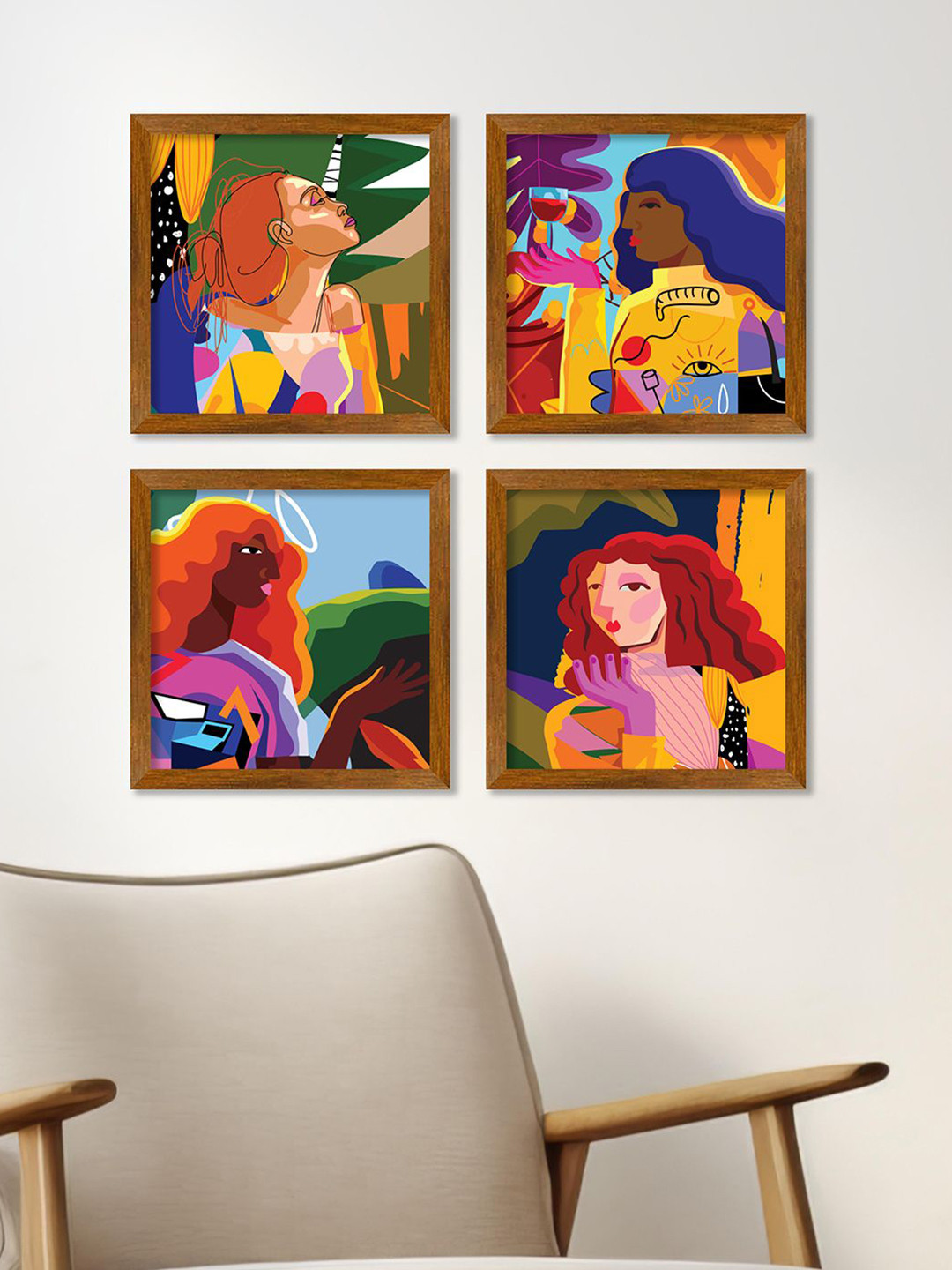 ArtVibes Blue & Brown 4 Pieces Abstract Art Portraits Wooden Wall Arts