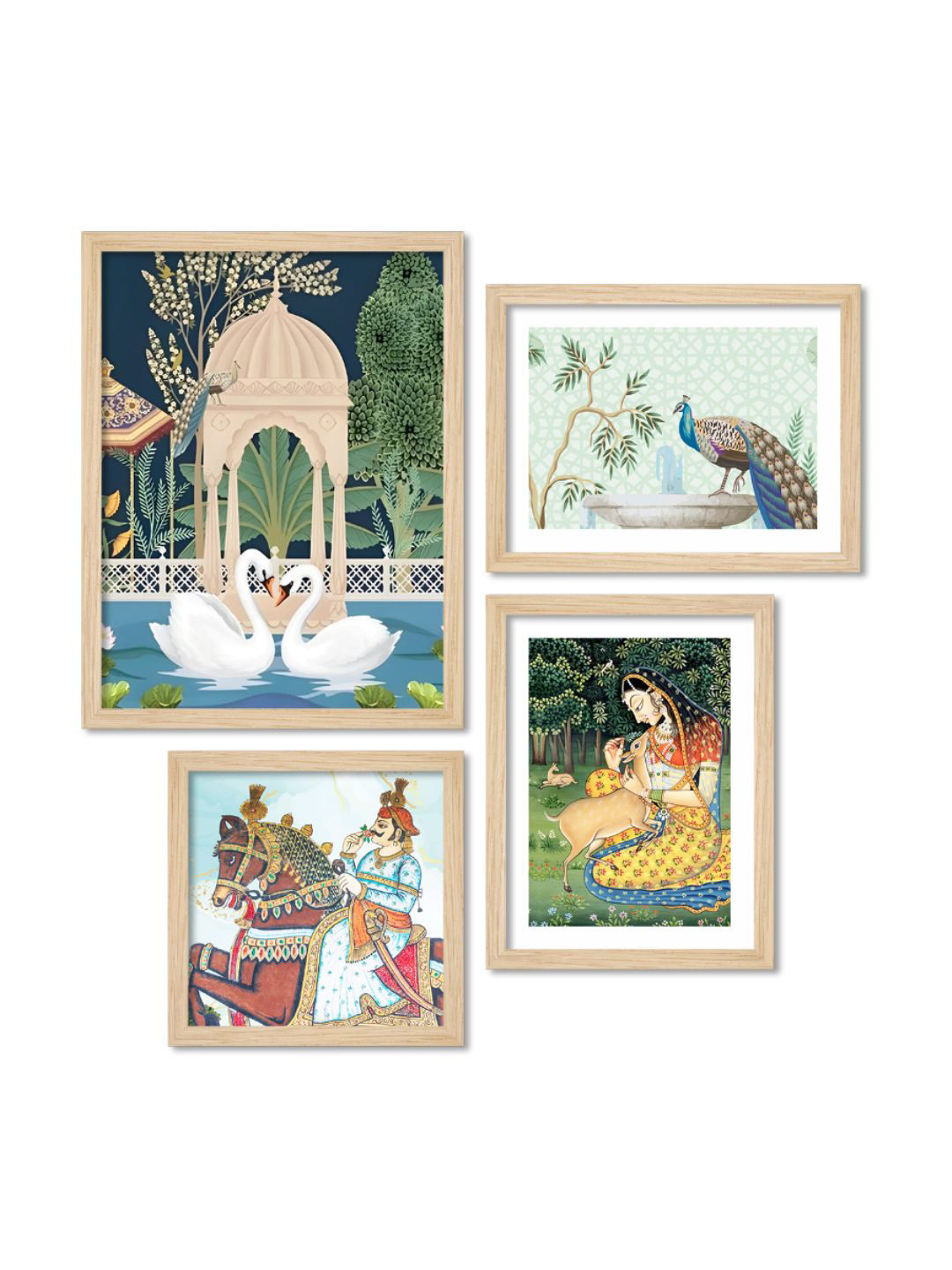 ArtVibes Blue & Green 4 Pieces Traditional Mughal Garden View Painting Wall Arts