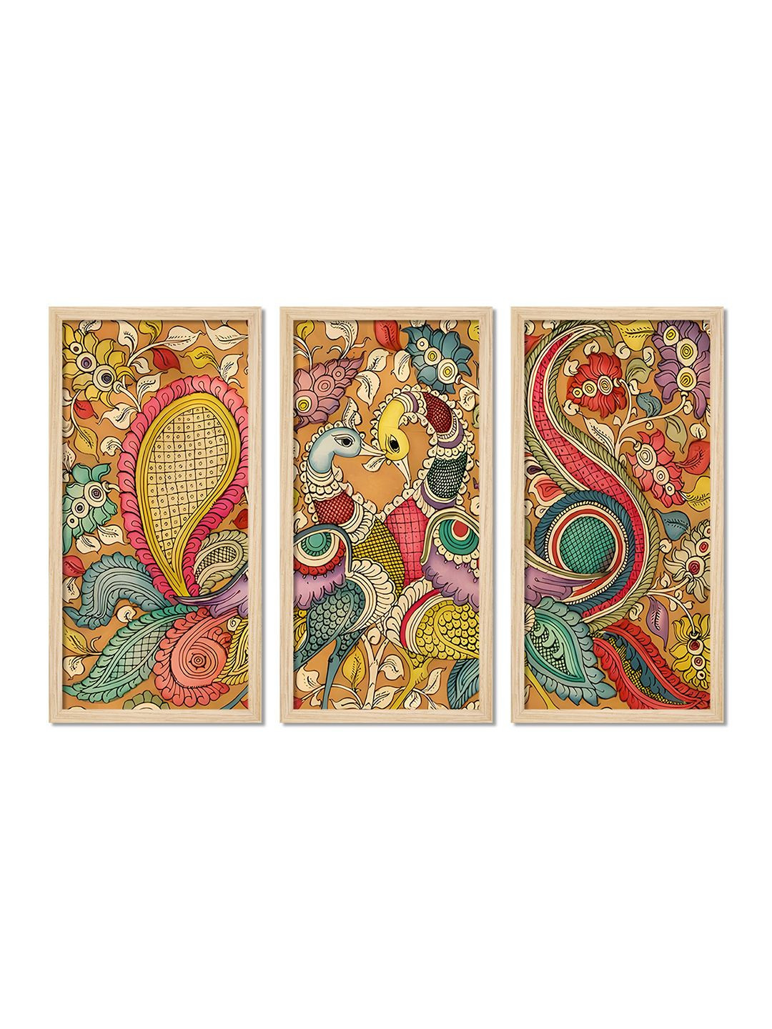 ArtVibes Peacock Wood 3 Piece Wall Rectangle Paintings Wall Art -19 x 32 In
