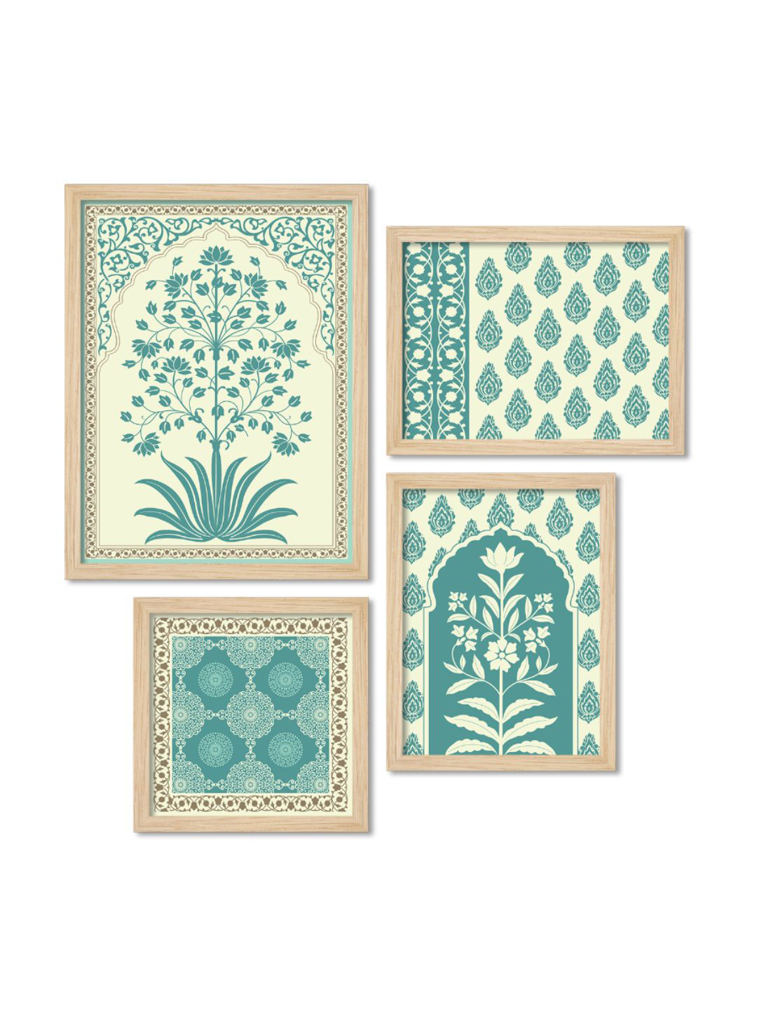 ArtVibes Brown & Blue 4 Pieces Traditional Motif Flower Wooden Painting Wall Arts