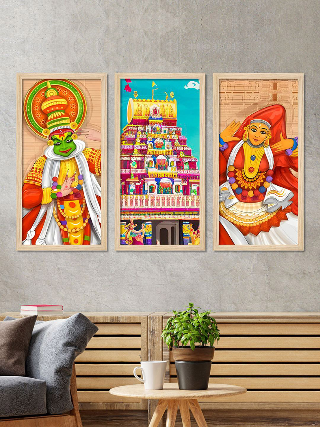 ArtVibes Brown & Green 3 Pieces Ancient Temple Onam Wooden Painting Wall Arts