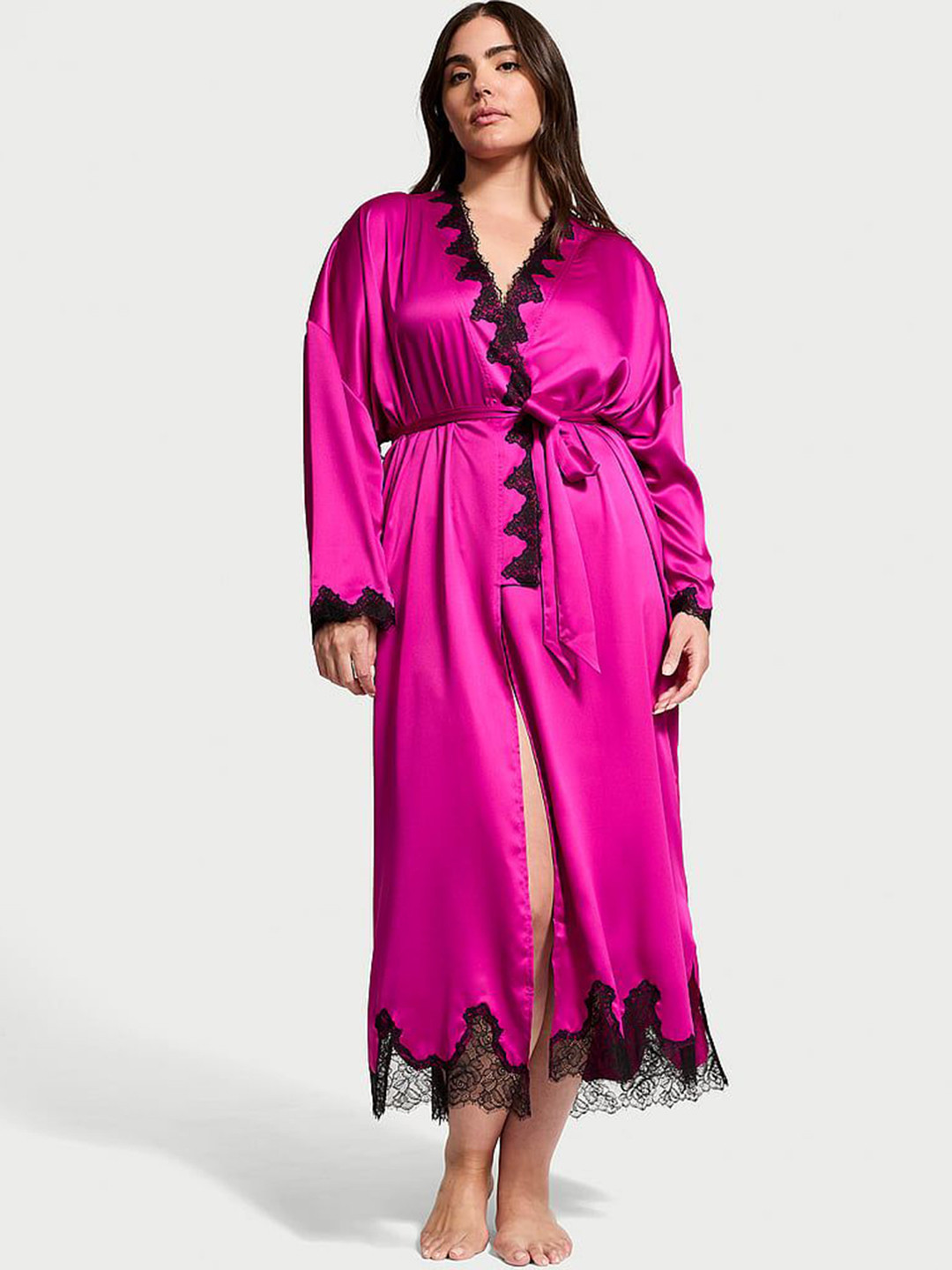 Victoria's Secret Satin & Rose Lace Open-Back Long Robe