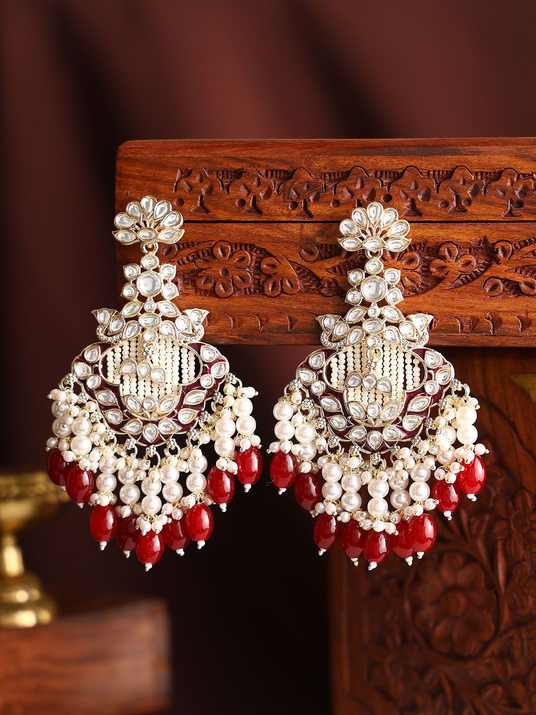 Priyaasi Gold-Plated Kundan Stone Studded & Pearls Beaded Floral Pattern Drop Earrings