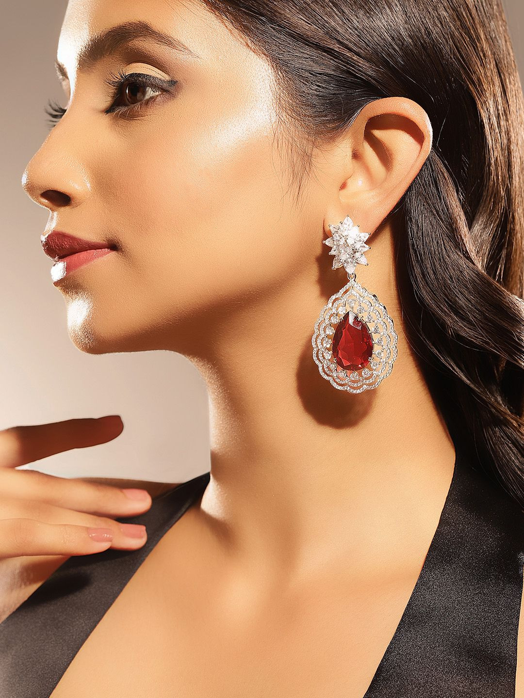 Priyaasi Silver-Plated American Diamond-Stone Studded Teardrop Shaped Drop Earrings