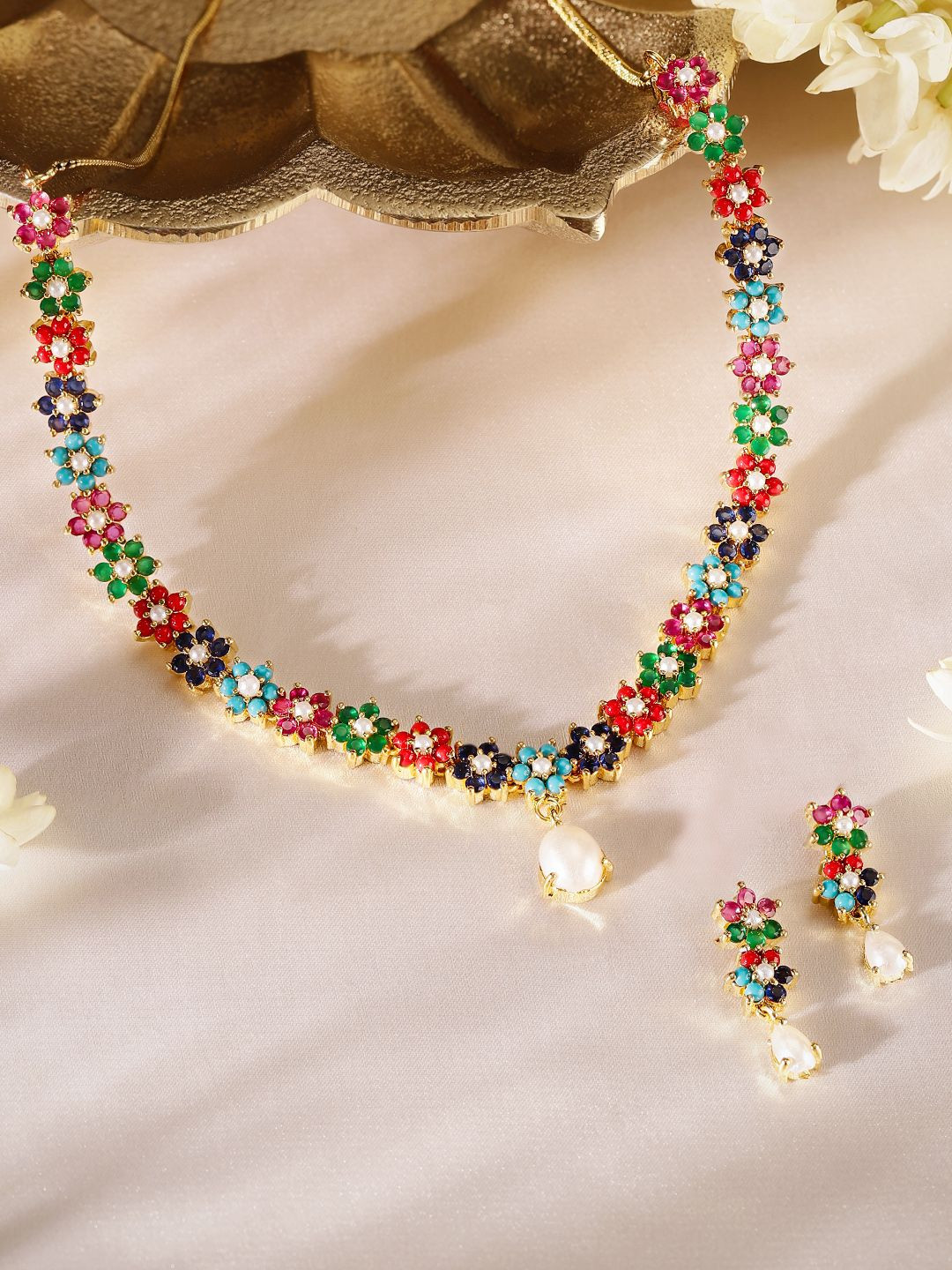 Priyaasi Gold-Plated Fancy Floral Stones-Studded & Beaded Jewellery Set