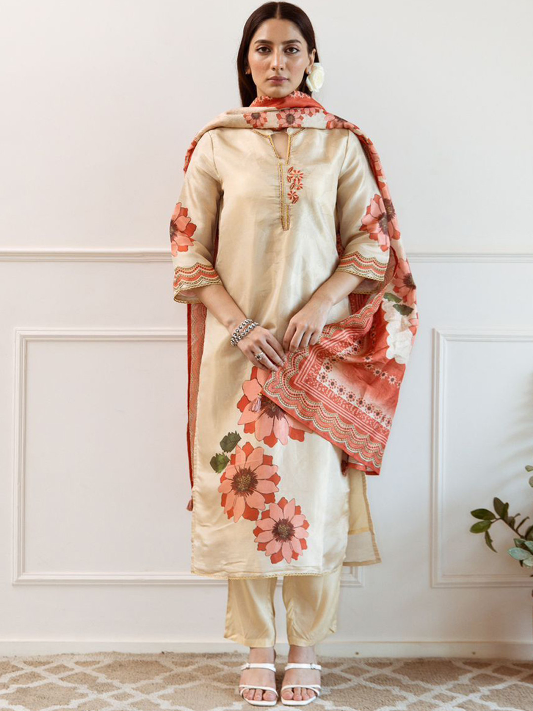 Anouk Cream and Orange Floral Printed Thread Work Straight Kurta with Trouser & Dupatta