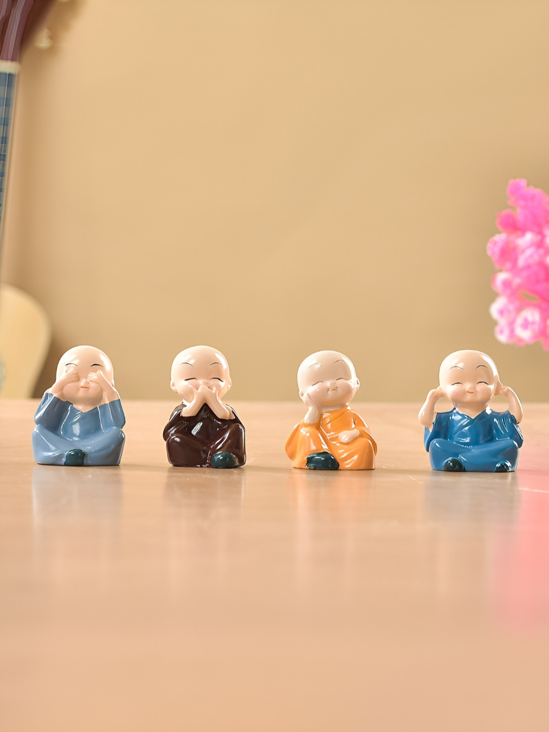 TAYHAA Miniature Monks with Cute Expressions Nude Resin Natural Living Room Set of 4 Small Showpieces - 1.4 Inches