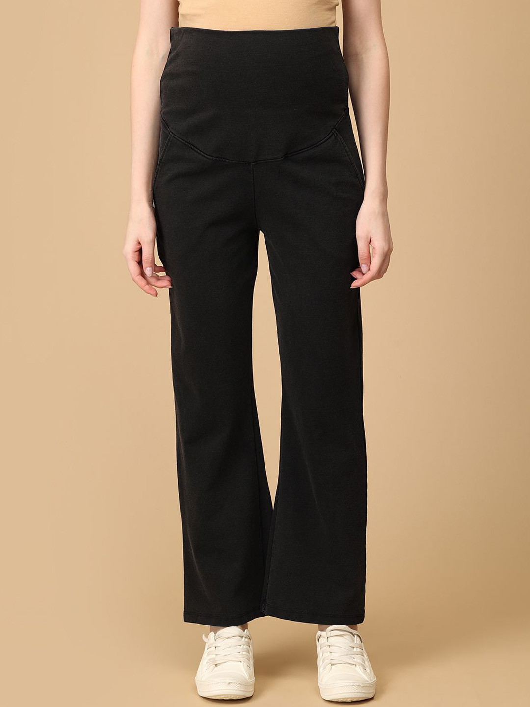 The Mom Store Women Flared High-Rise Cotton Maternity Wide Leg Trousers With Belly Support